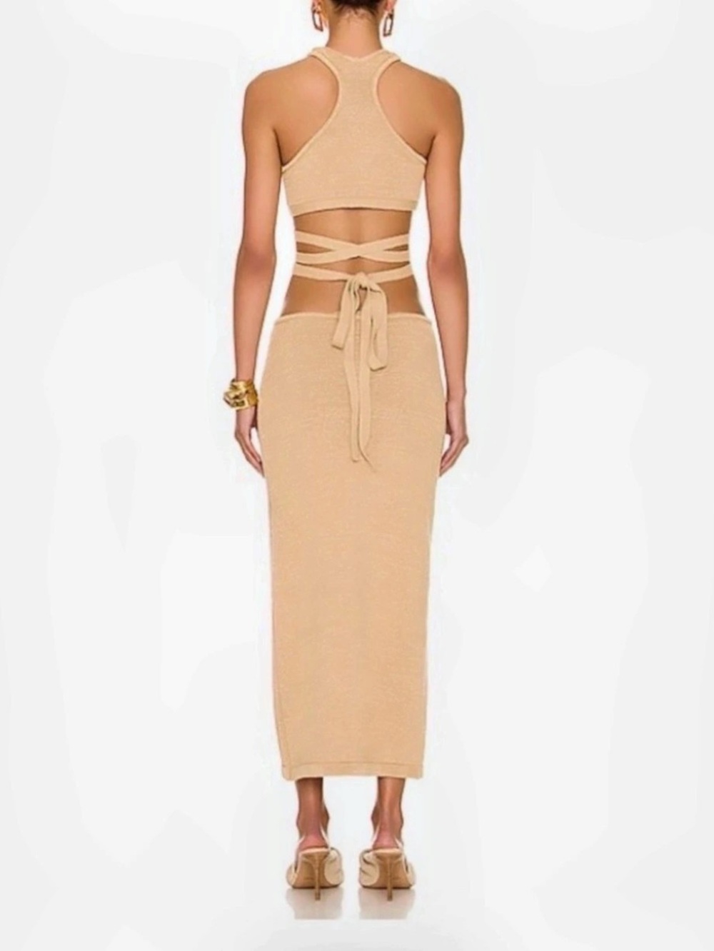 Cult Gaia Aziza Knit Dress Cutout Maxi Beige Size Large
